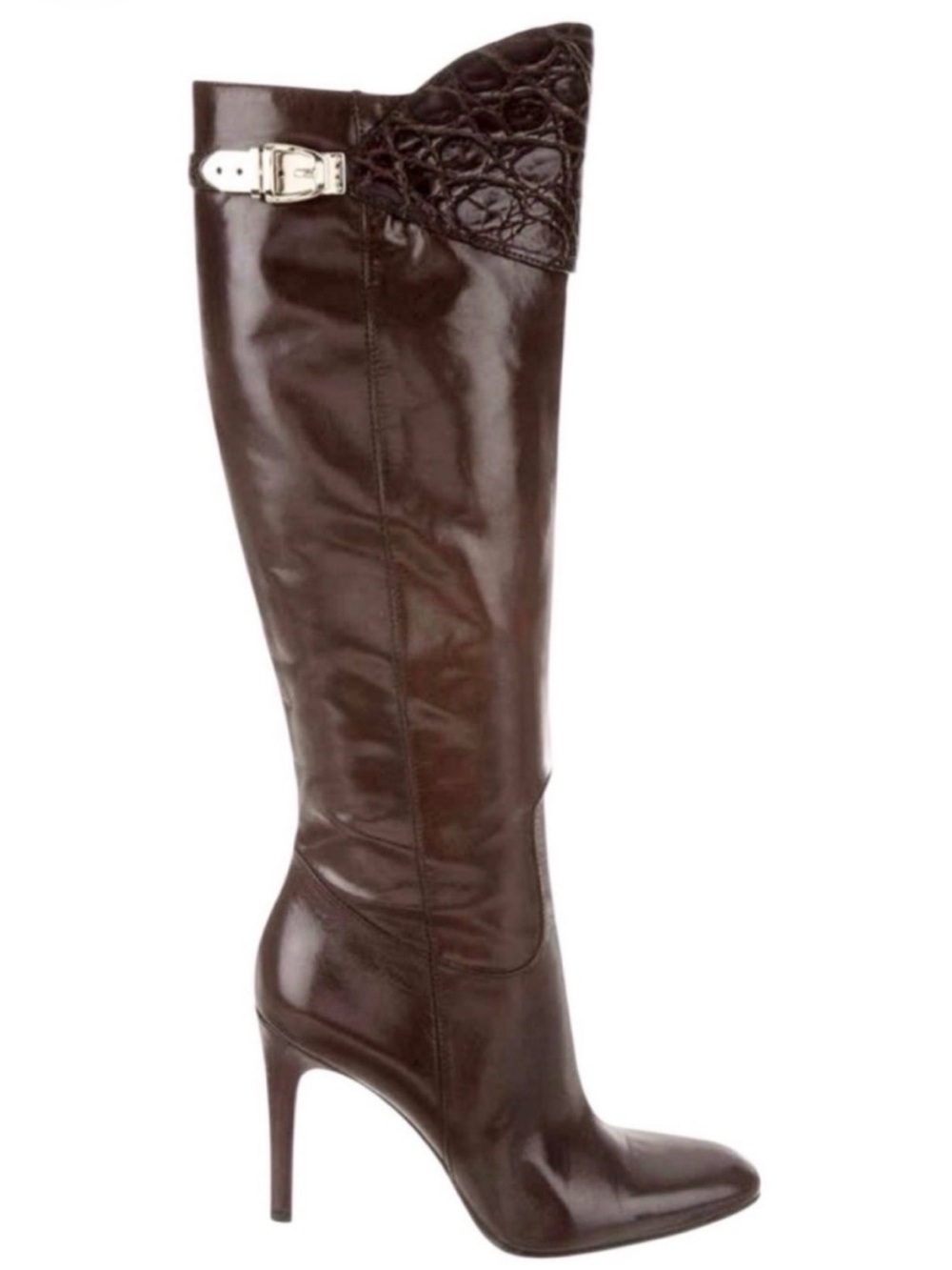 GUCCI FW 2005 Vintage Runway Chocolate Brown Leather Crocodile Knee High Boots